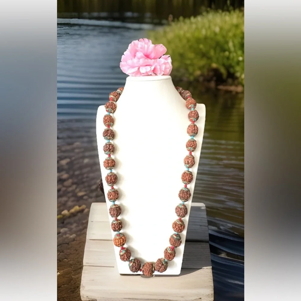 Vintage Rudraksha Yoga Necklace Capped With Bronze Inlay Turquoise & Coral 35”in - Picture 7 of 10